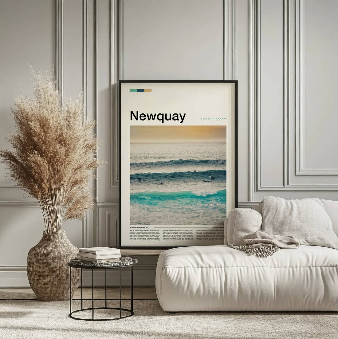 Newquay Surfers In The Waves Travel Print framed on the wall of a calm, neutral bedroom