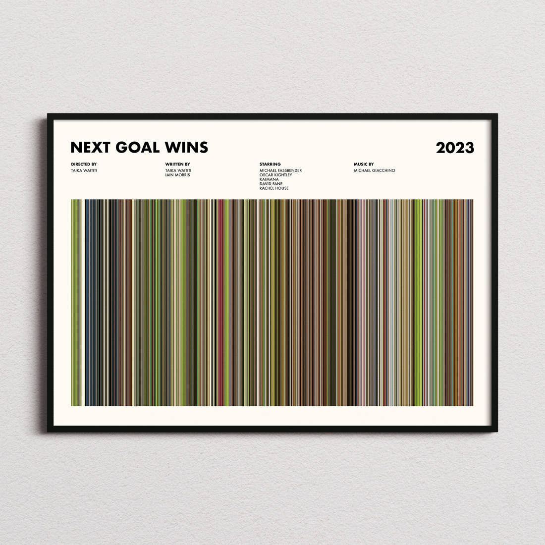 Next Goal Wins Movie Barcode Poster framed and photographed straight on