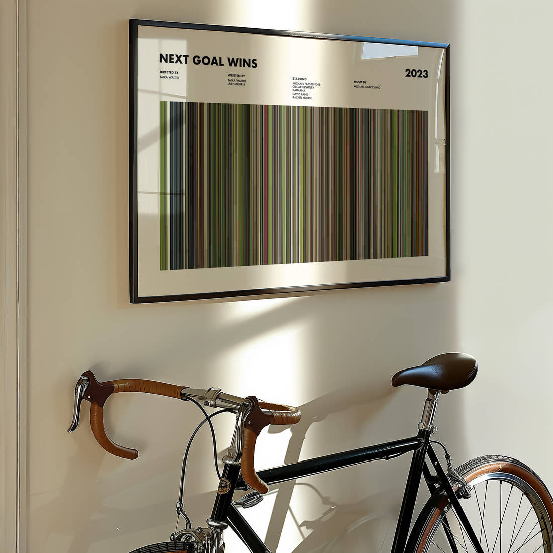 Next Goal Wins Movie Barcode Poster framed on the wall of a styled room setting