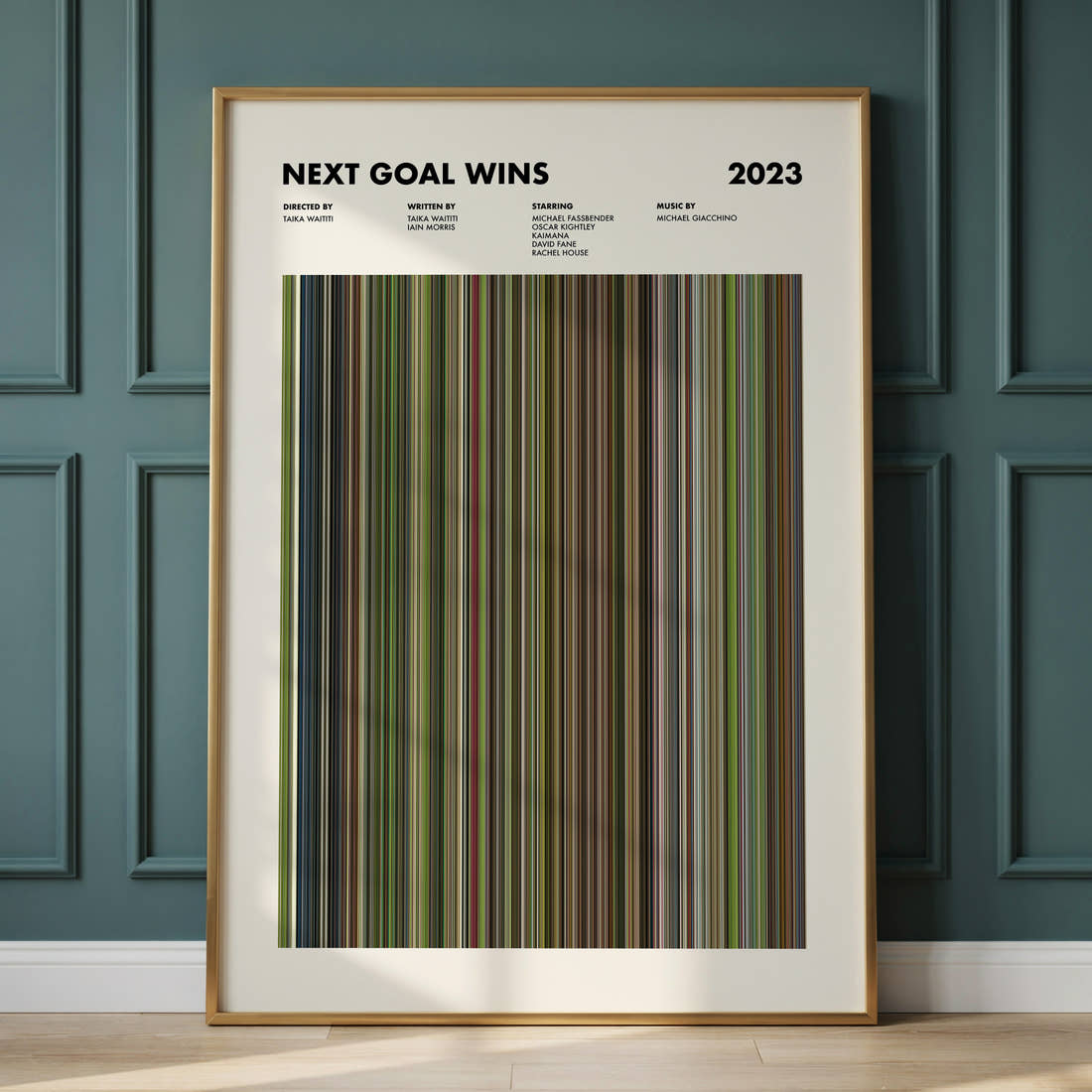 Next Goal Wins Movie Barcode Poster framed and leaning against a panelled wall