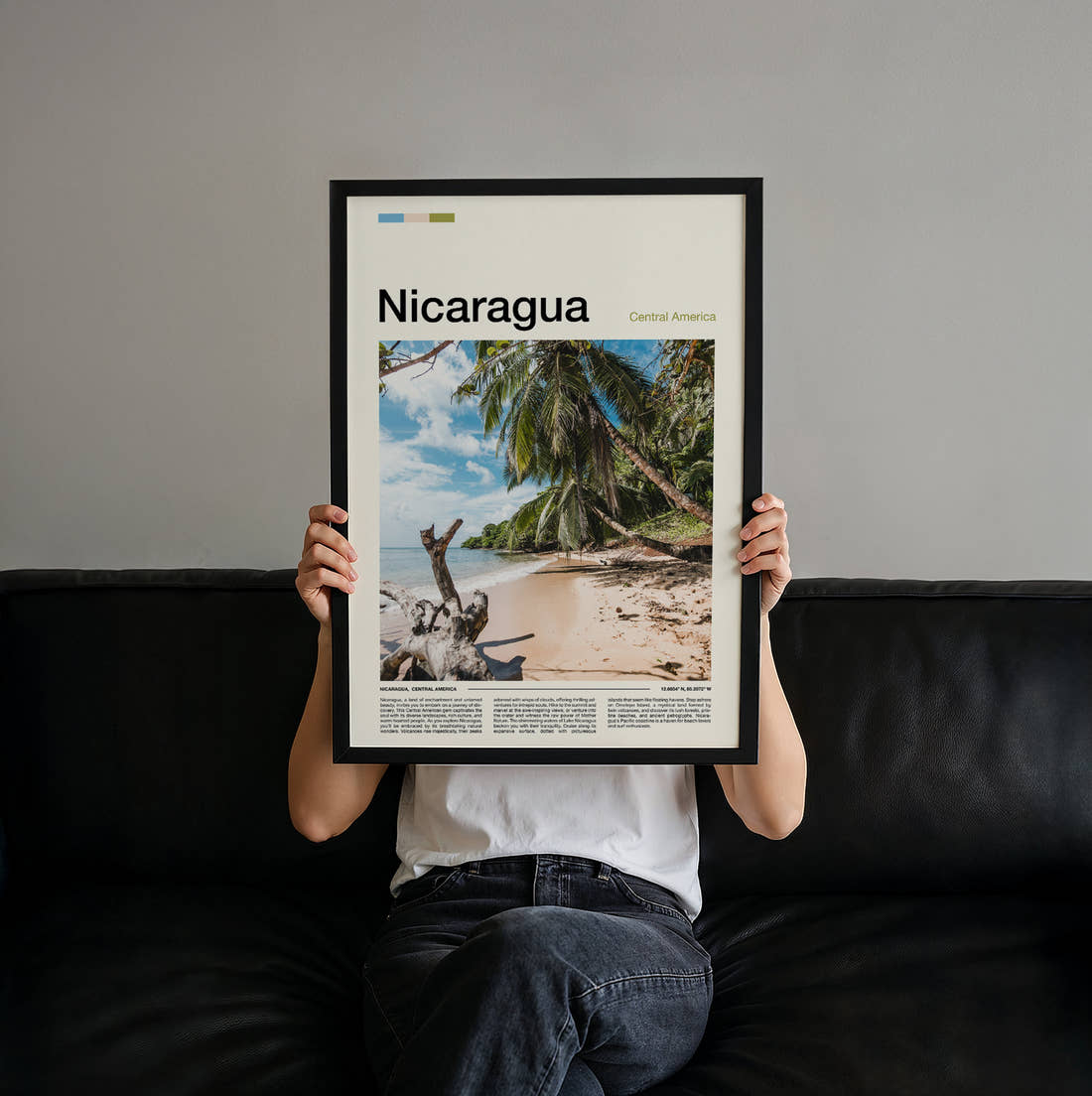 Nicaragua Palm Trees On The Beach Travel Print held up by hand to show the size of the print