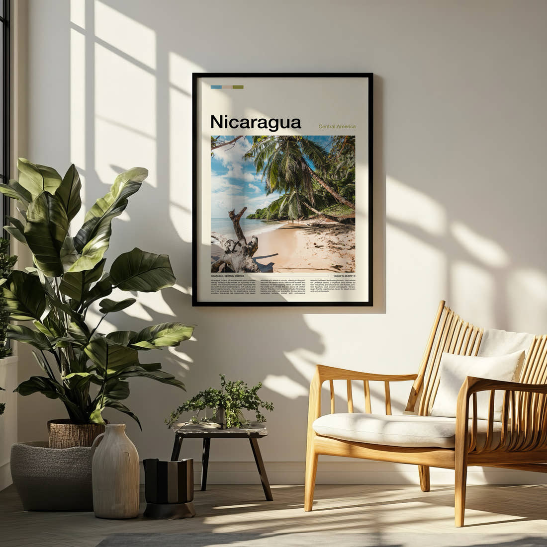Nicaragua Palm Trees On The Beach Travel Print framed on a pale wall beside houseplants