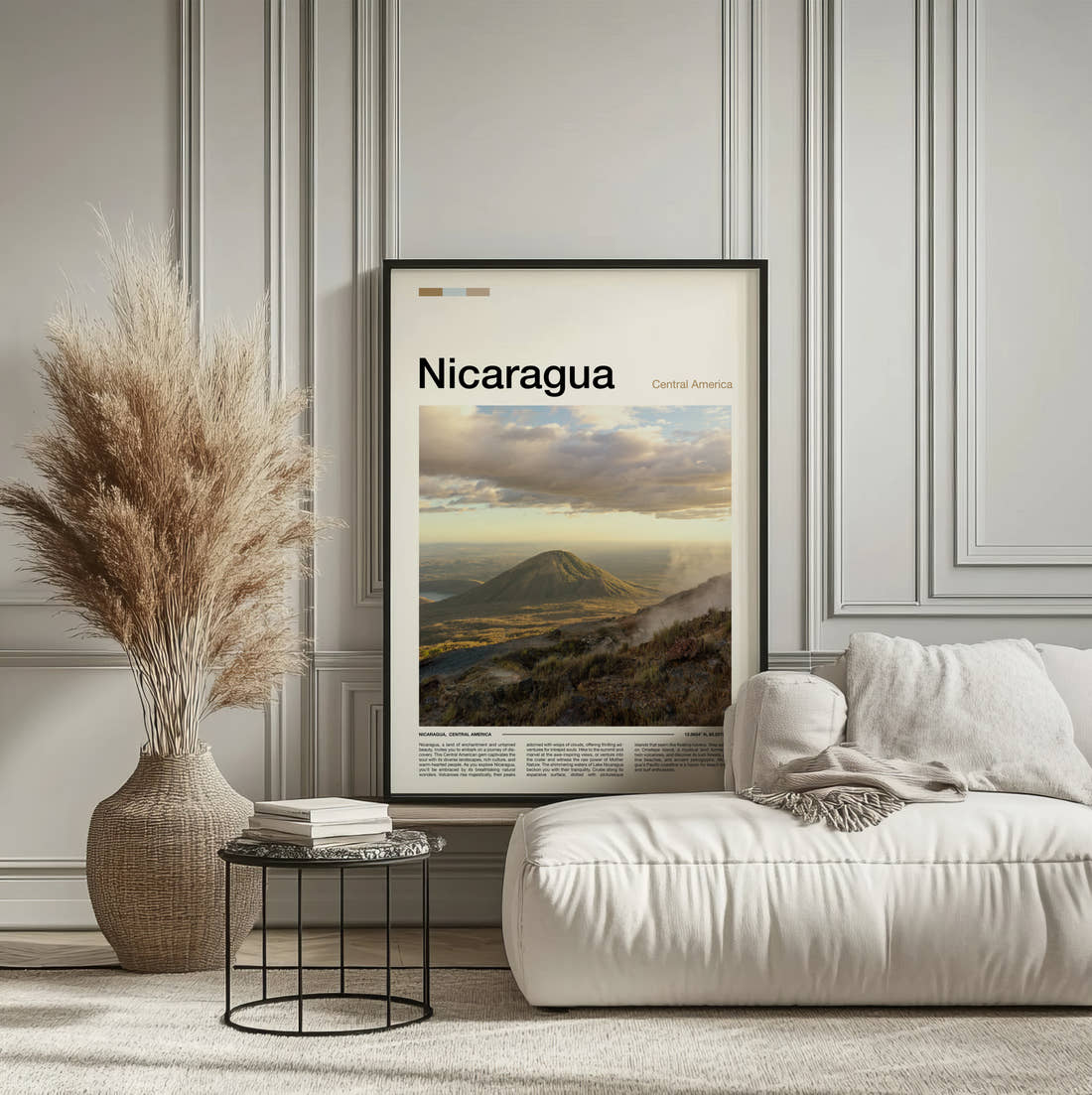Nicaragua Volcanic Cone Travel Print framed on the wall of a calm, neutral bedroom
