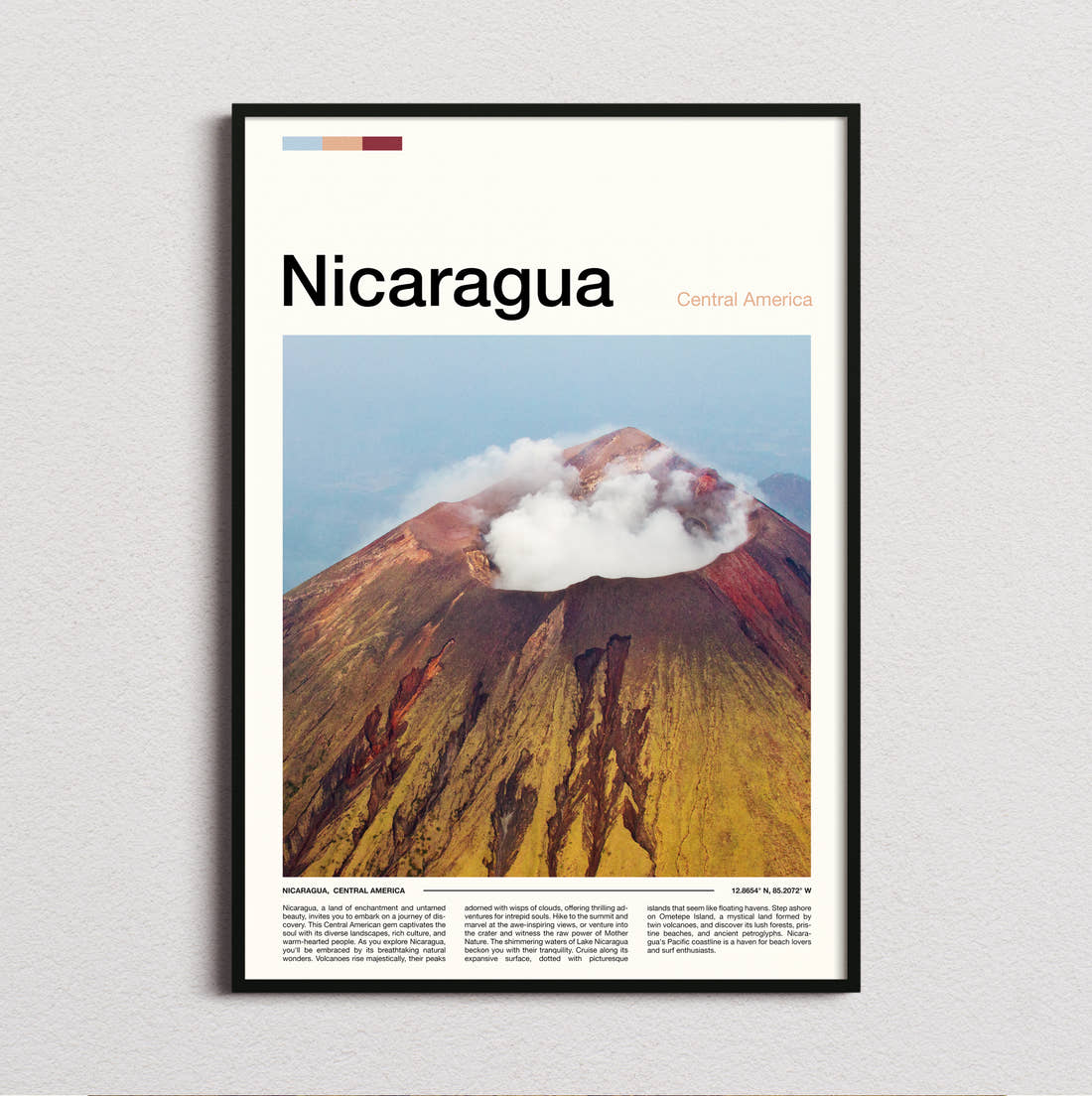Nicaragua Steaming Volcano Crater Travel Print framed and photographed straight on