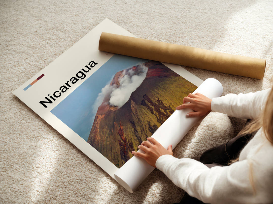 Nicaragua Steaming Volcano Crater Travel Print being unrolled from its postal tube