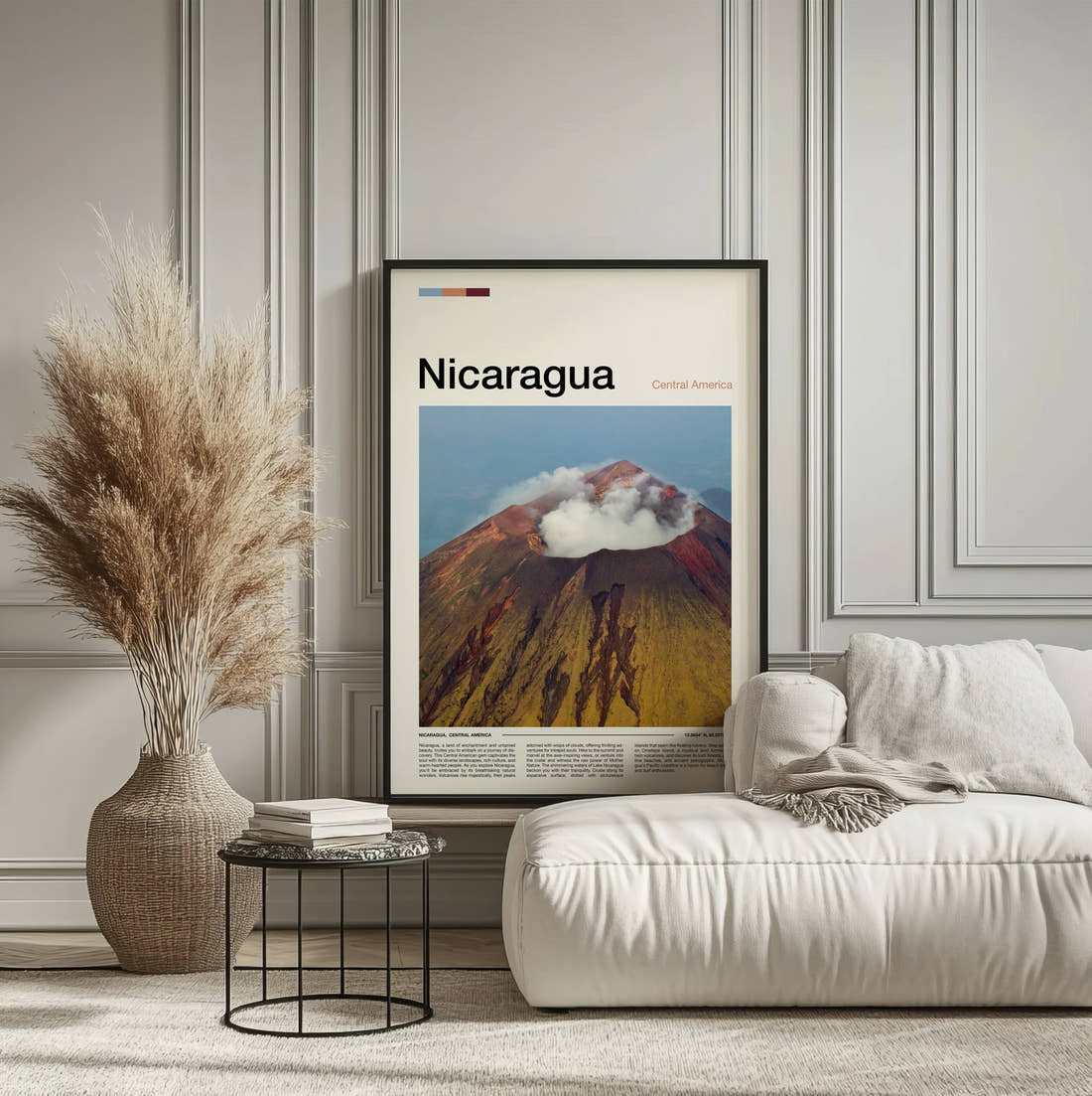 Nicaragua Steaming Volcano Crater Travel Print framed on the wall of a calm, neutral bedroom