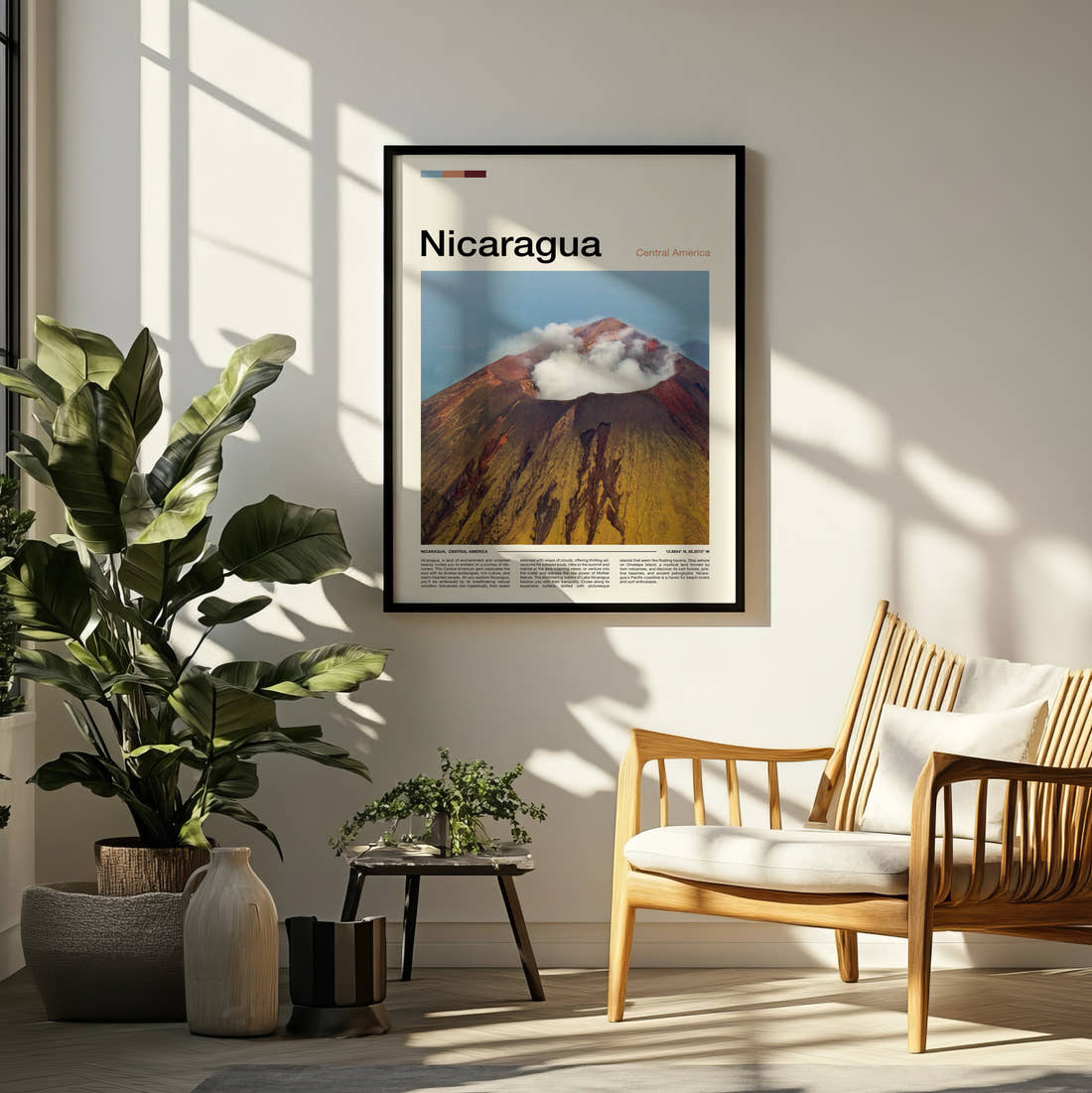 Nicaragua Steaming Volcano Crater Travel Print framed on a pale wall beside houseplants