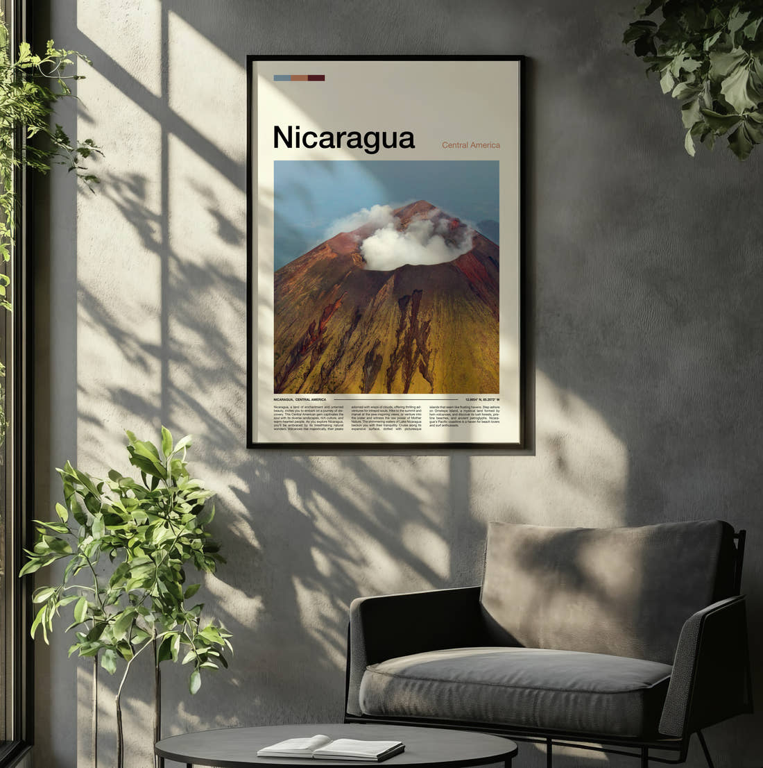 Nicaragua Steaming Volcano Crater Travel Print framed on the wall of a relaxed living room