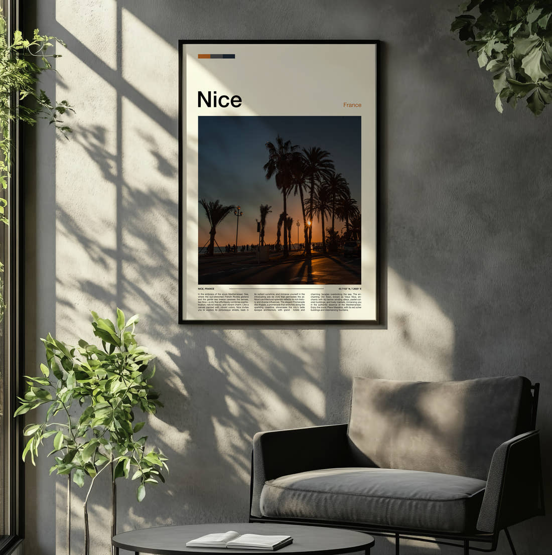 Nice Palm Trees At Sunset Travel Print framed on the wall of a relaxed living room