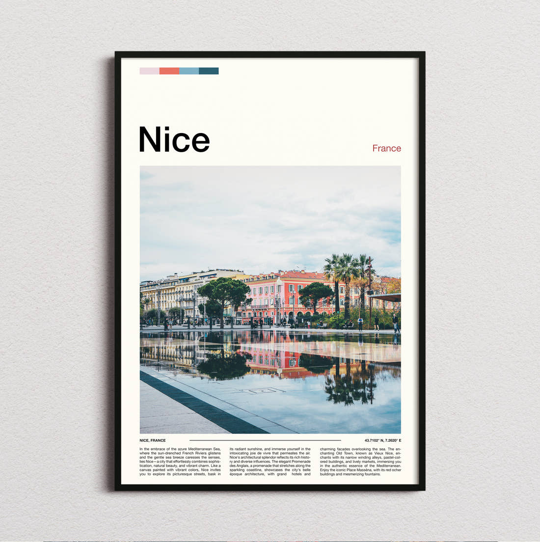 Nice Buildings Reflected In Water Travel Print framed and photographed straight on