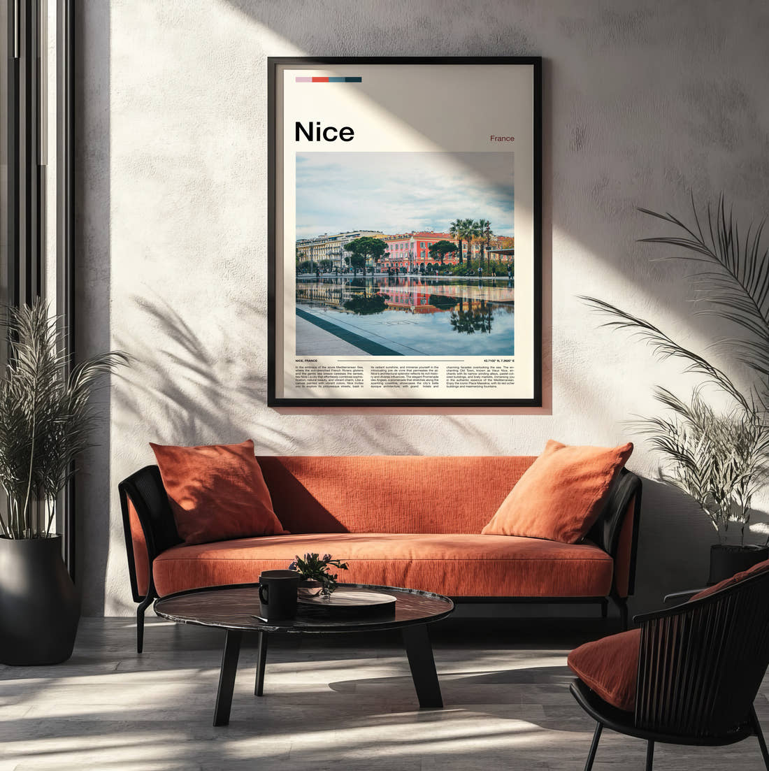 Nice Buildings Reflected In Water Travel Print framed on the wall of a modern living room