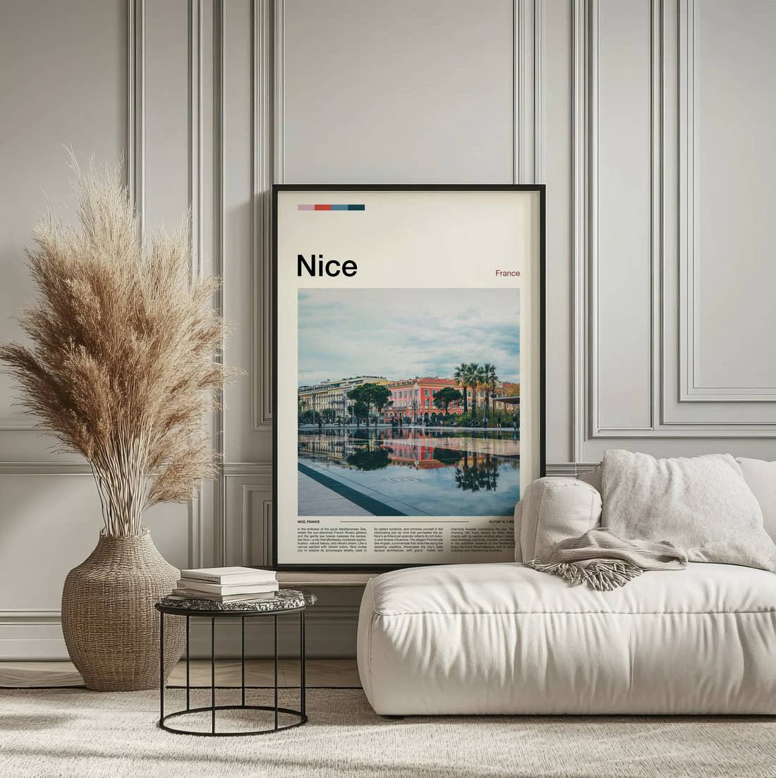 Nice Buildings Reflected In Water Travel Print framed on the wall of a calm, neutral bedroom