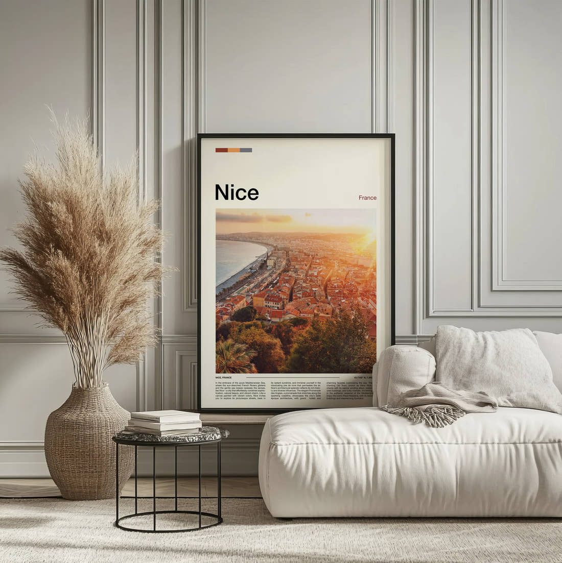 Nice Rooftops Above The Bay Travel Print framed on the wall of a calm, neutral bedroom