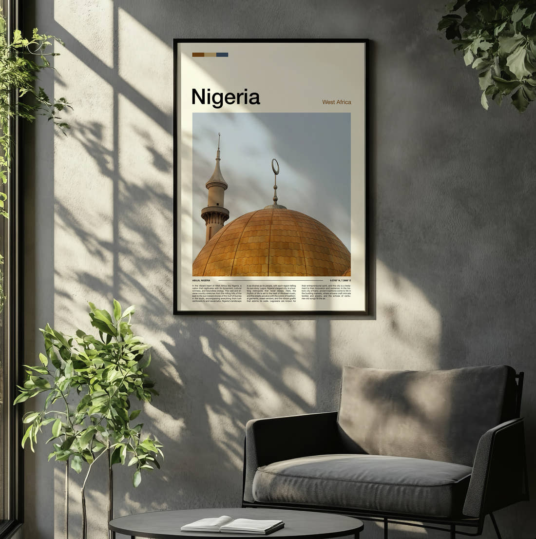 Nigeria Golden Dome Travel Print framed on the wall of a relaxed living room