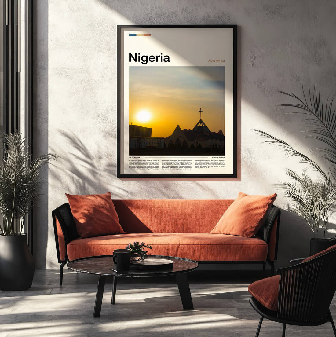 Nigeria Church Silhouette At Sunset Travel Print framed on the wall of a modern living room