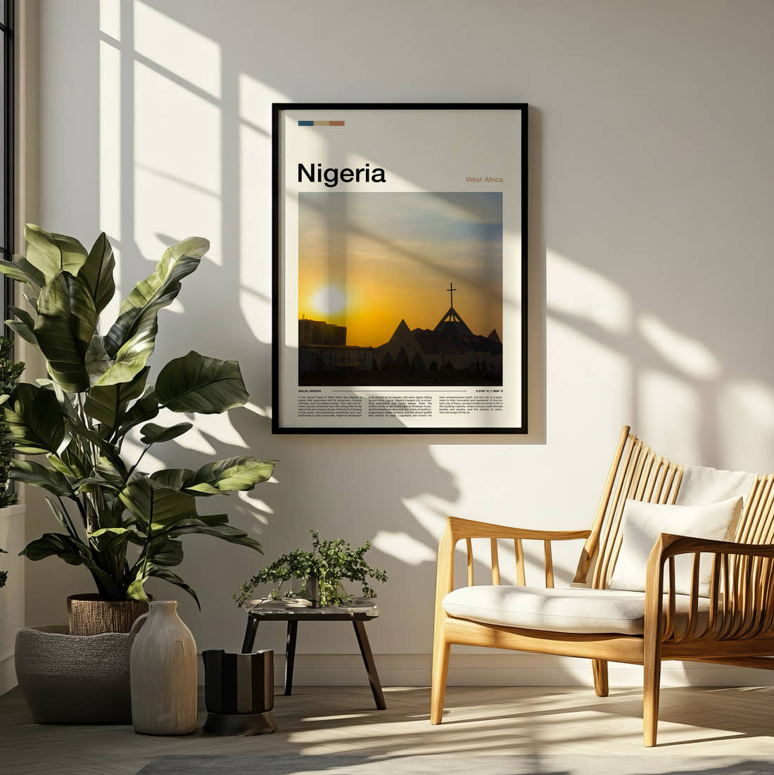Nigeria Church Silhouette At Sunset Travel Print framed on a pale wall beside houseplants