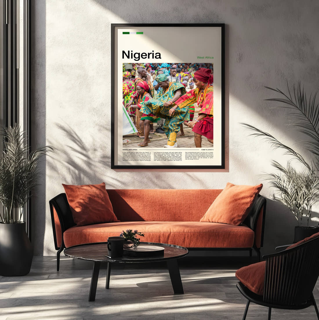 Nigeria Dancers In Colourful Dress Travel Print framed on the wall of a modern living room