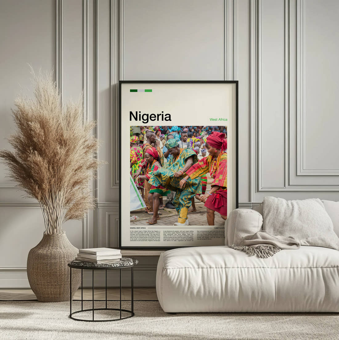 Nigeria Dancers In Colourful Dress Travel Print framed on the wall of a calm, neutral bedroom