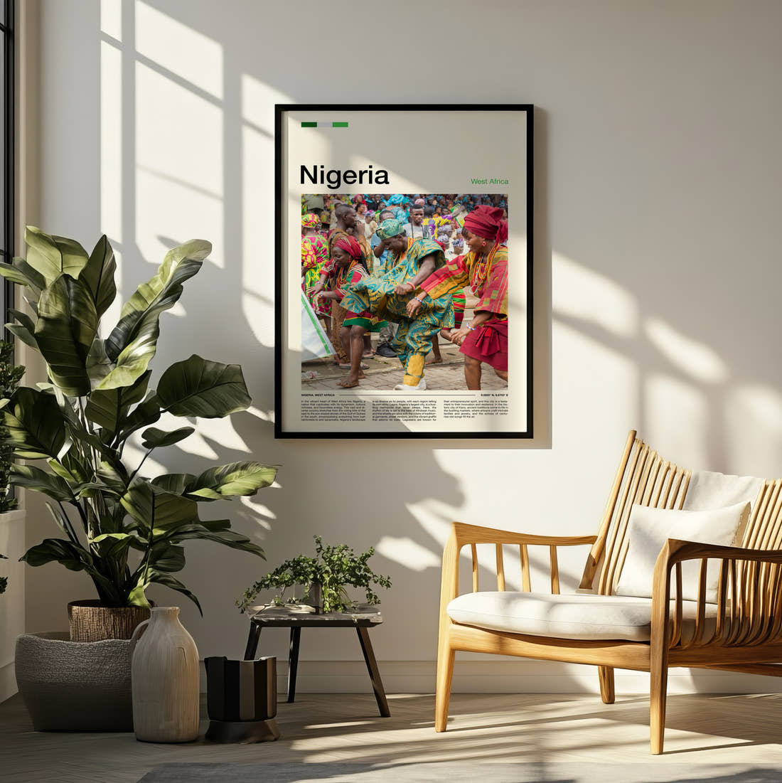 Nigeria Dancers In Colourful Dress Travel Print framed on a pale wall beside houseplants