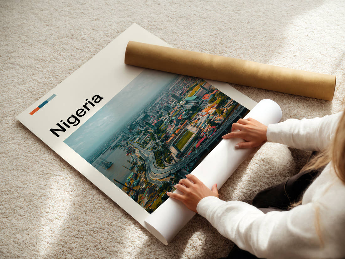 Nigeria City Skyline From Above Travel Print being unrolled from its postal tube