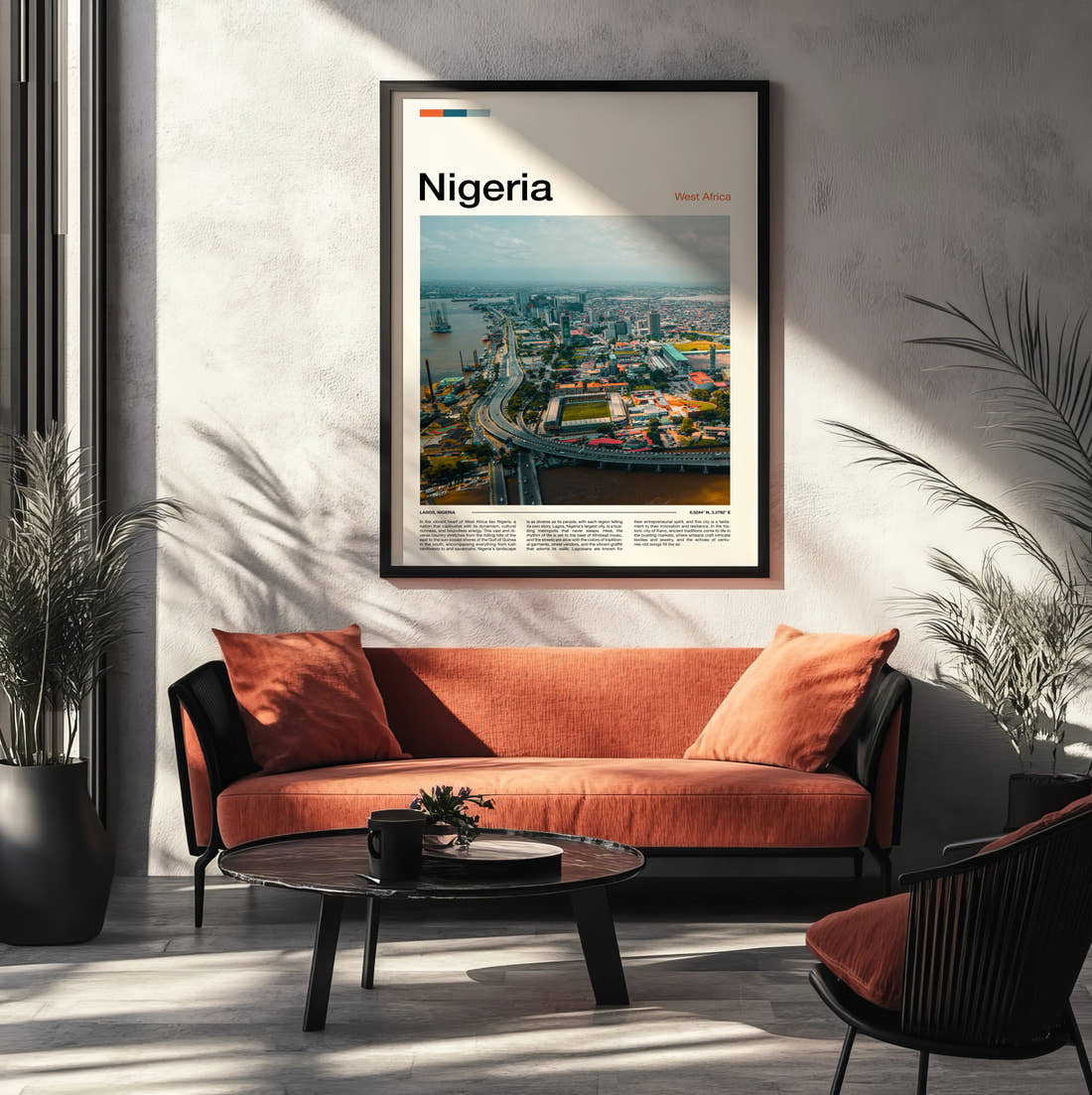 Nigeria City Skyline From Above Travel Print framed on the wall of a modern living room
