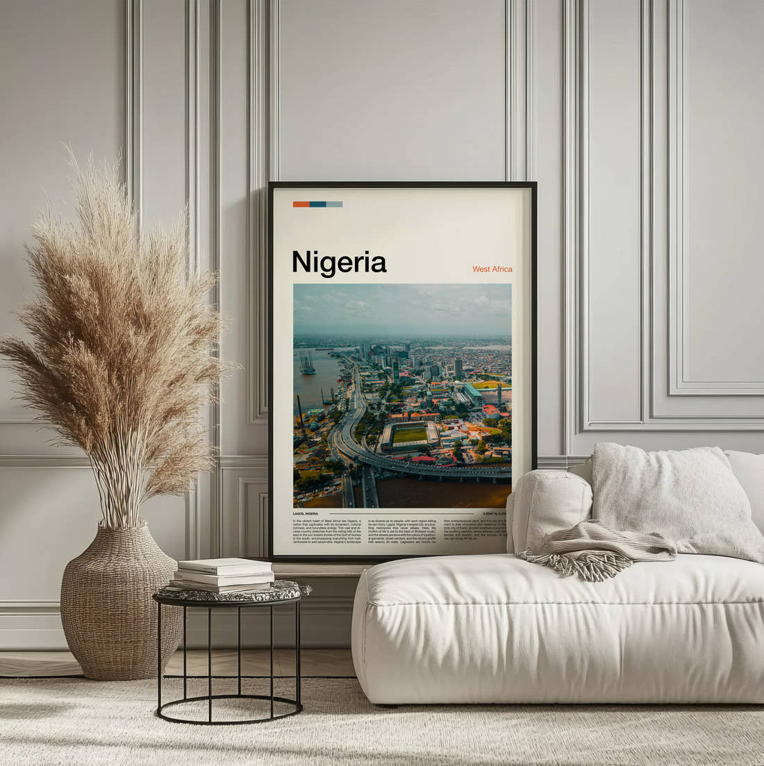 Nigeria City Skyline From Above Travel Print framed on the wall of a calm, neutral bedroom