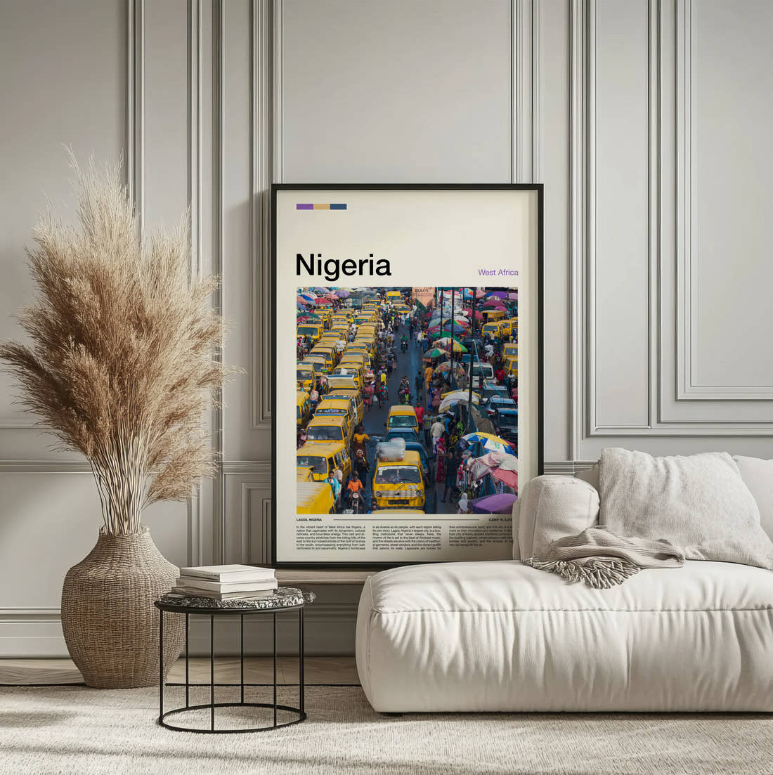 Nigeria Yellow Buses In Traffic Travel Print framed on the wall of a calm, neutral bedroom