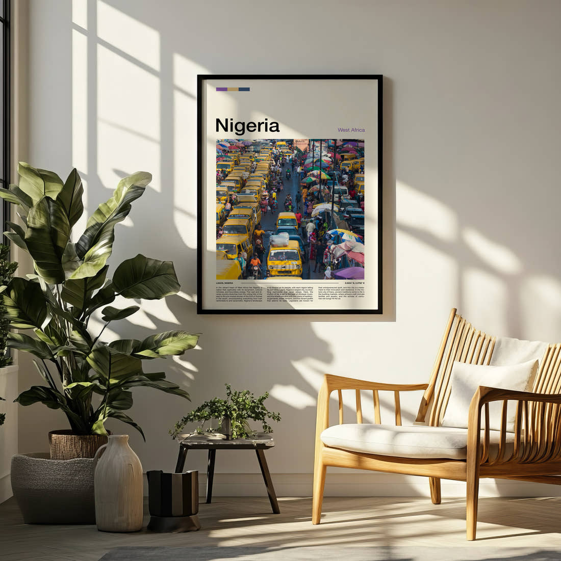 Nigeria Yellow Buses In Traffic Travel Print framed on a pale wall beside houseplants