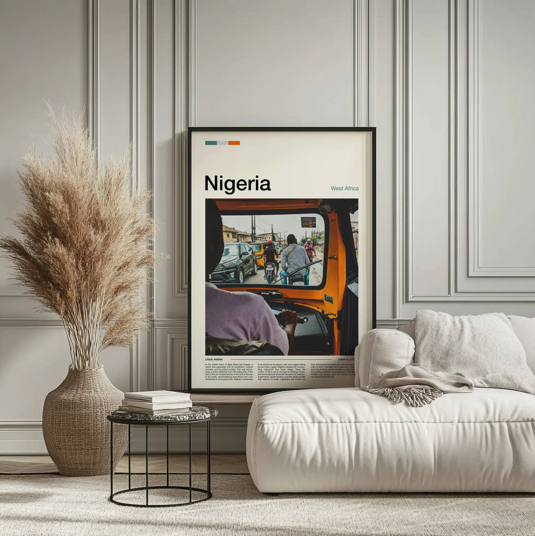 Nigeria View From A Tuk Tuk Travel Print framed on the wall of a calm, neutral bedroom