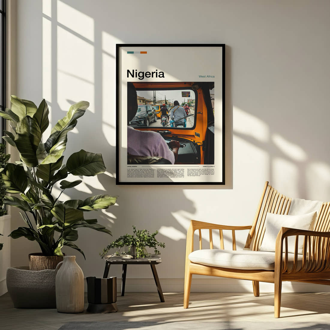 Nigeria View From A Tuk Tuk Travel Print framed on a pale wall beside houseplants