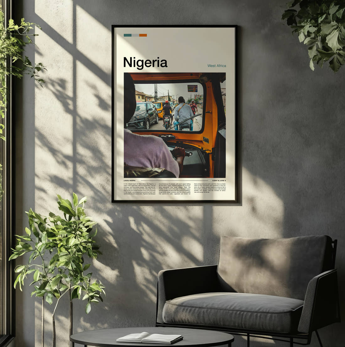 Nigeria View From A Tuk Tuk Travel Print framed on the wall of a relaxed living room