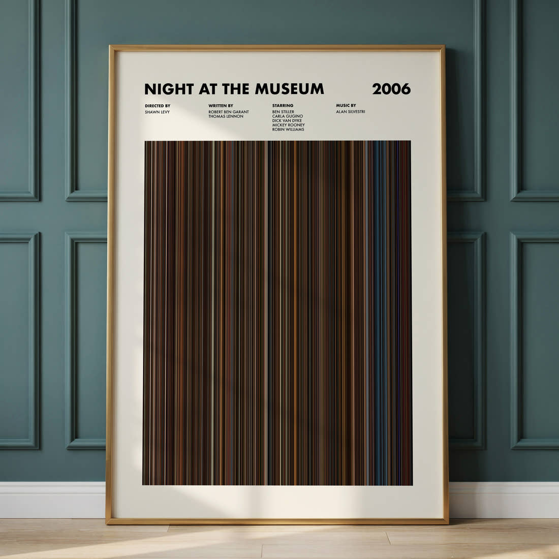 Night at the Museum Movie Barcode Poster framed and leaning against a panelled wall