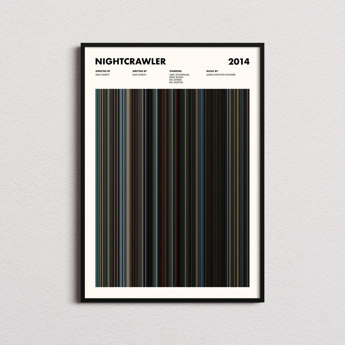 Nightcrawler Movie Barcode Poster framed on a plain studio wall