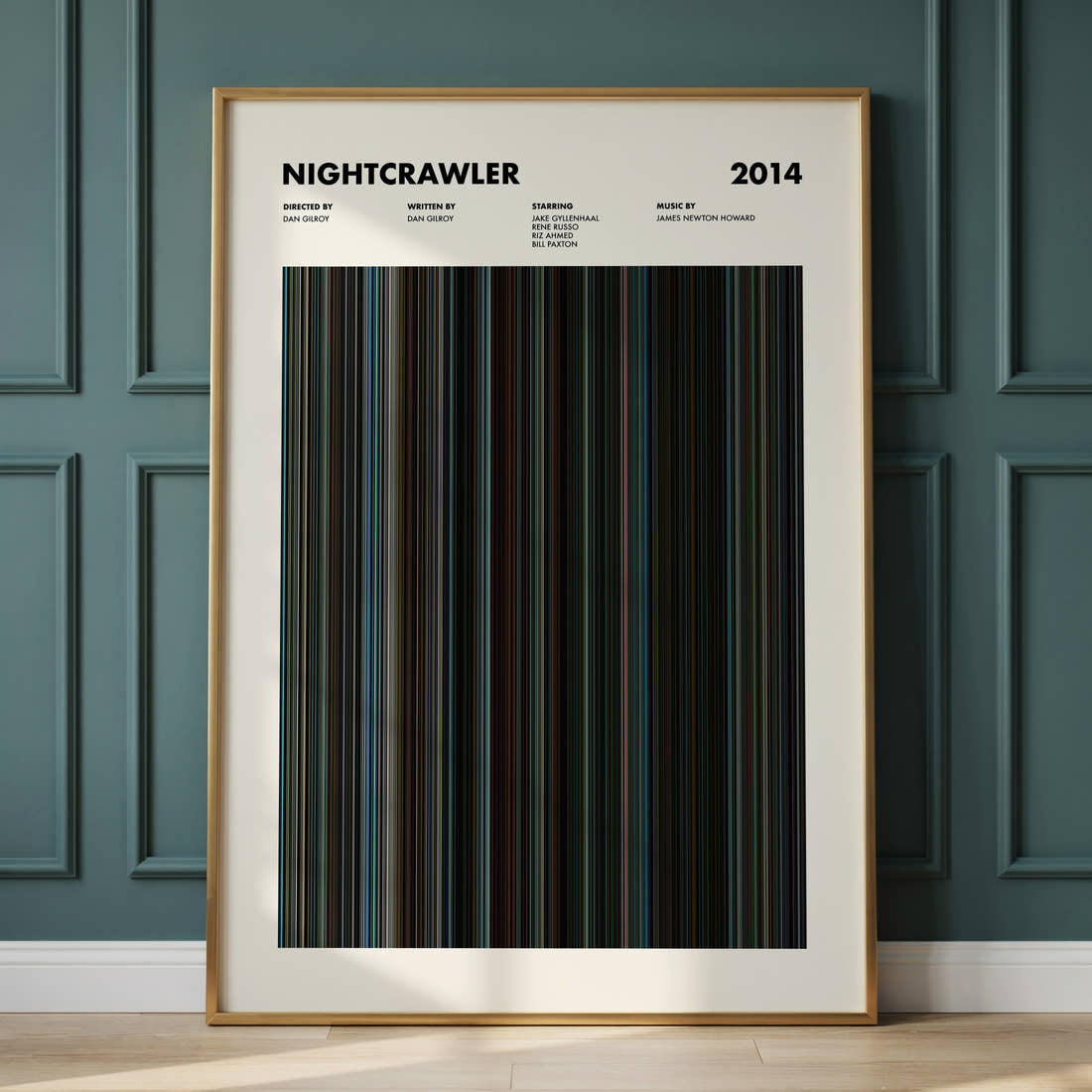 Nightcrawler Movie Barcode Poster framed and leaning against a panelled wall