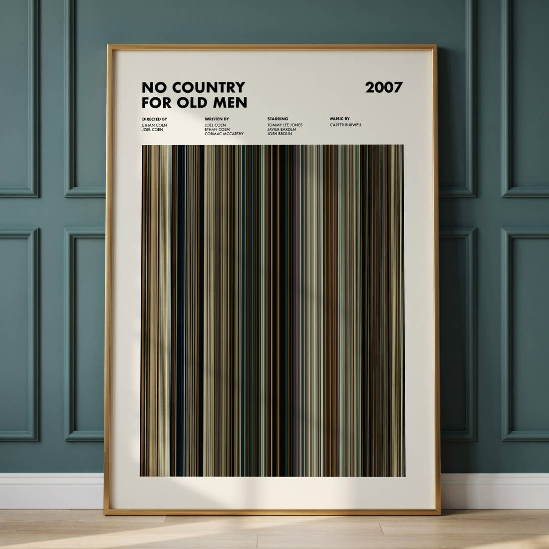 No Country For Old Men Movie Barcode Poster framed and leaning against a panelled wall
