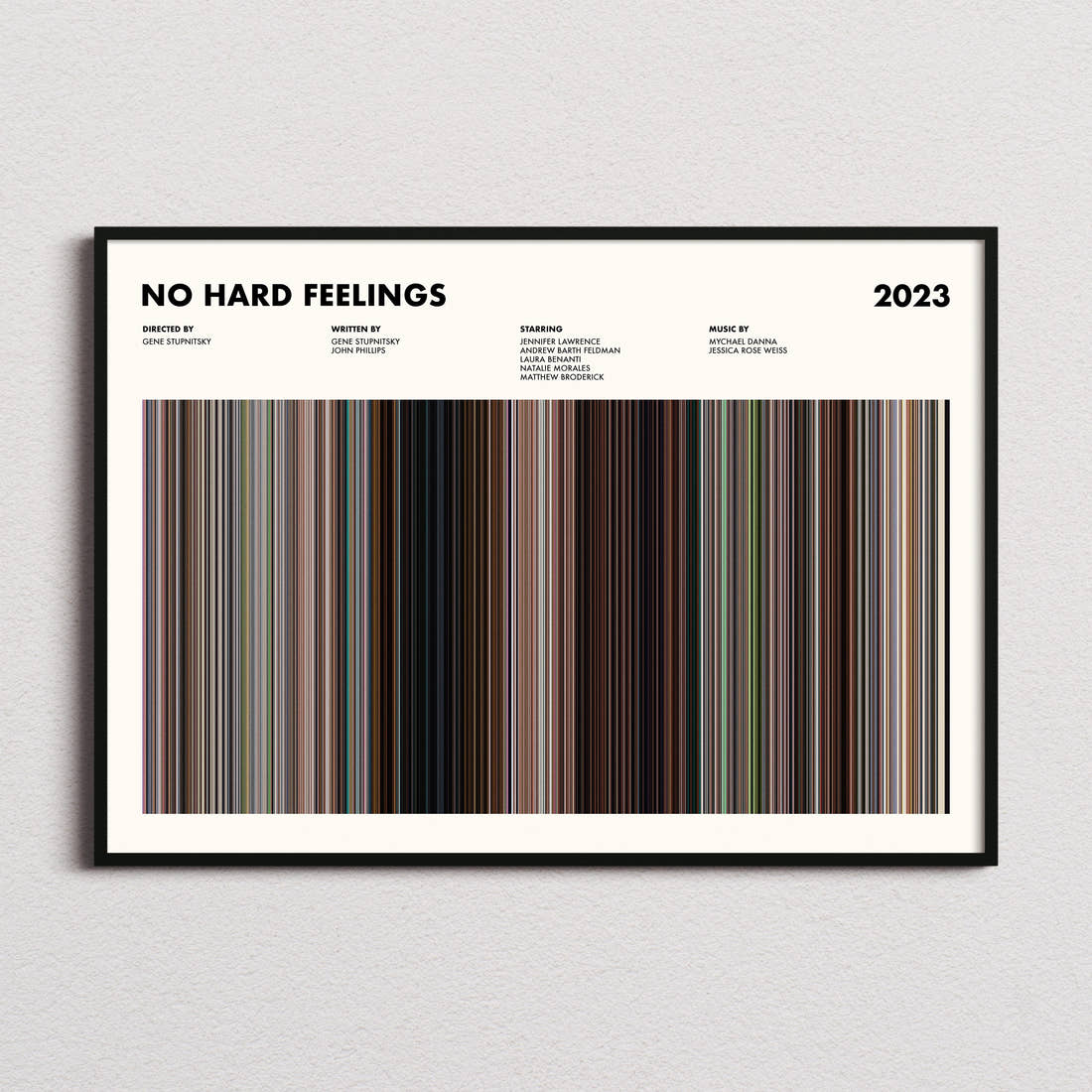 No Hard Feelings Movie Barcode Poster framed and photographed straight on