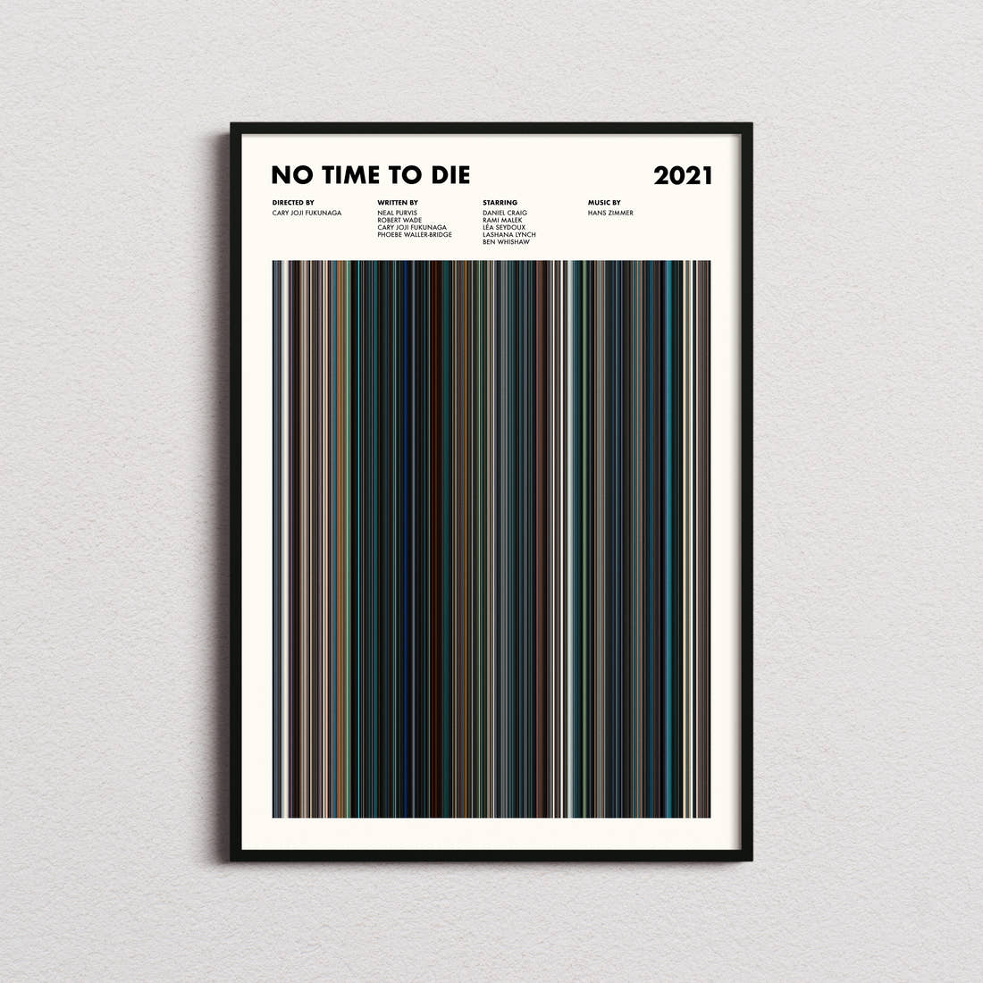 No Time to Die Movie Barcode Poster framed on a plain studio wall