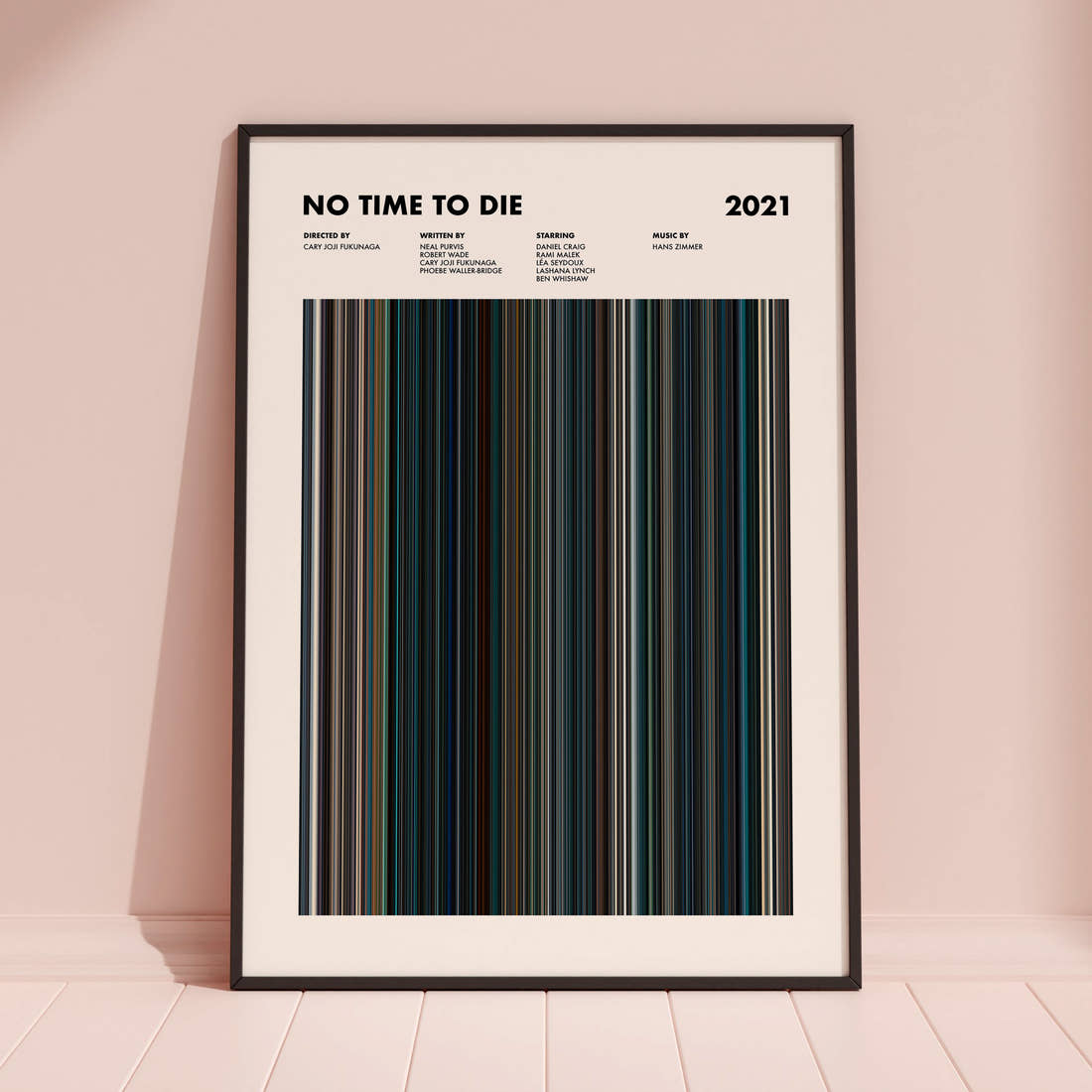 No Time to Die Movie Barcode Poster framed and leaning against a coloured wall