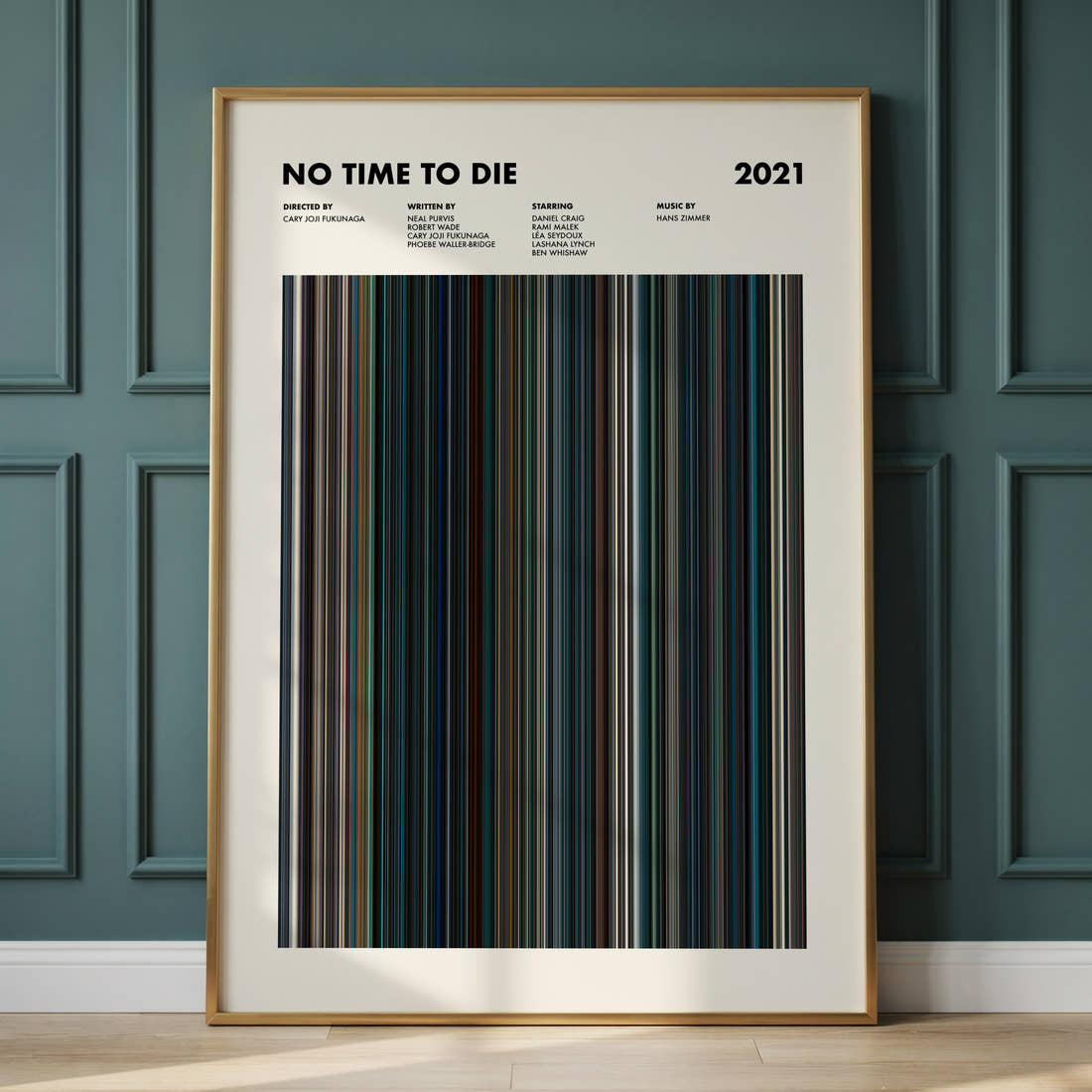 No Time to Die Movie Barcode Poster framed and leaning against a panelled wall
