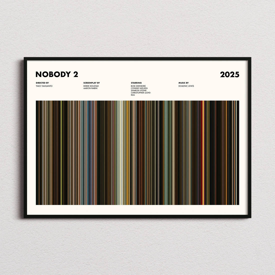 Nobody 2 Movie Barcode Poster framed and photographed straight on