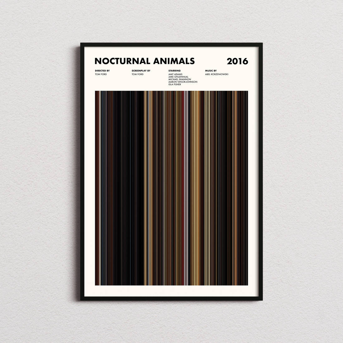 Nocturnal Animals Movie Barcode Poster framed on a plain studio wall