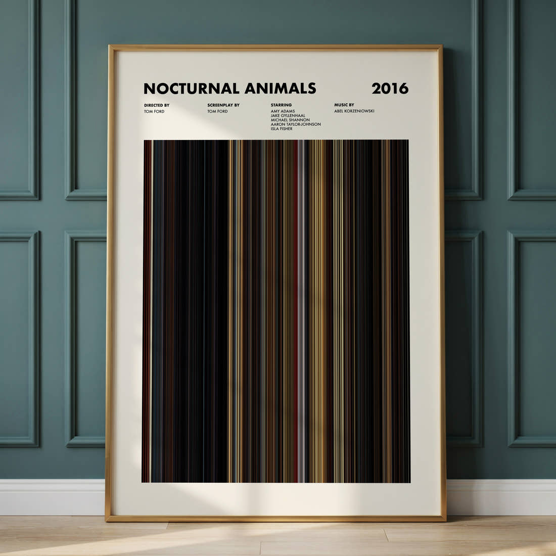 Nocturnal Animals Movie Barcode Poster framed and leaning against a panelled wall