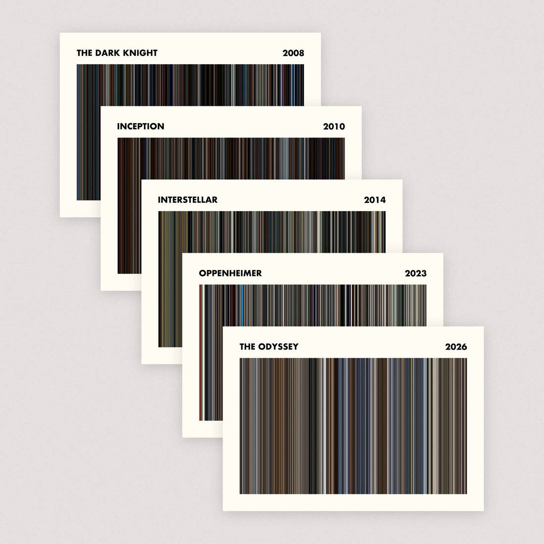 The Christopher Nolan collection, five A5 movie barcode prints
