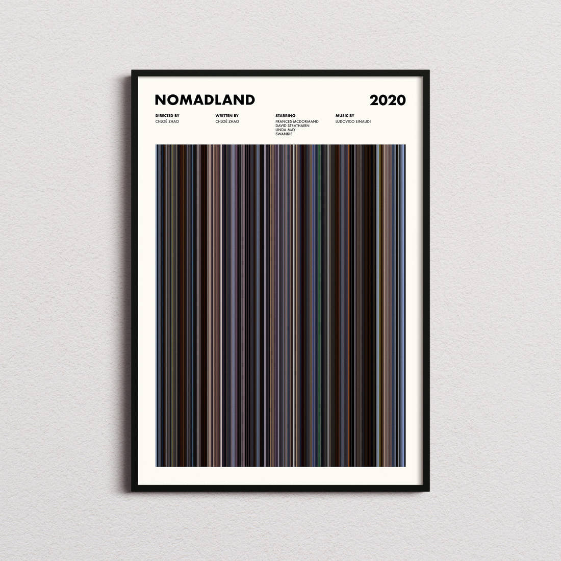 Nomadland Movie Barcode Poster framed on a plain studio wall