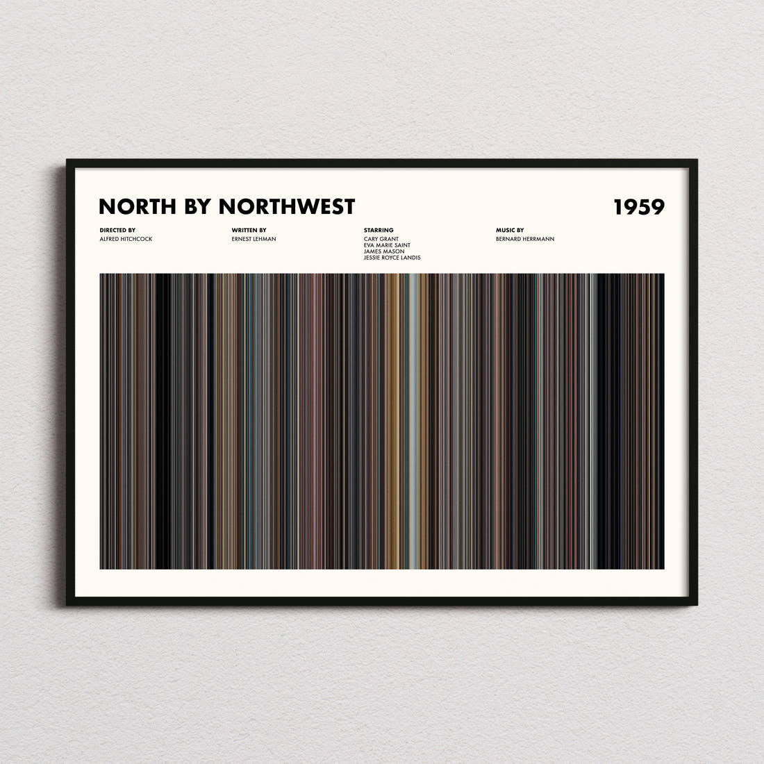 North By Northwest Movie Barcode Poster framed and photographed straight on