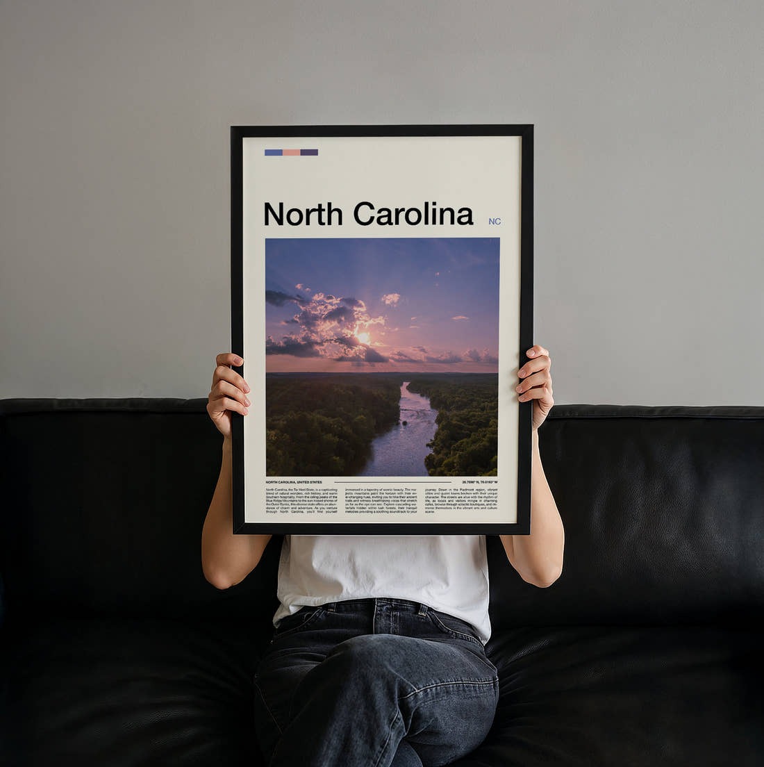 North Carolina River At Dusk Travel Print held up by hand to show the size of the print