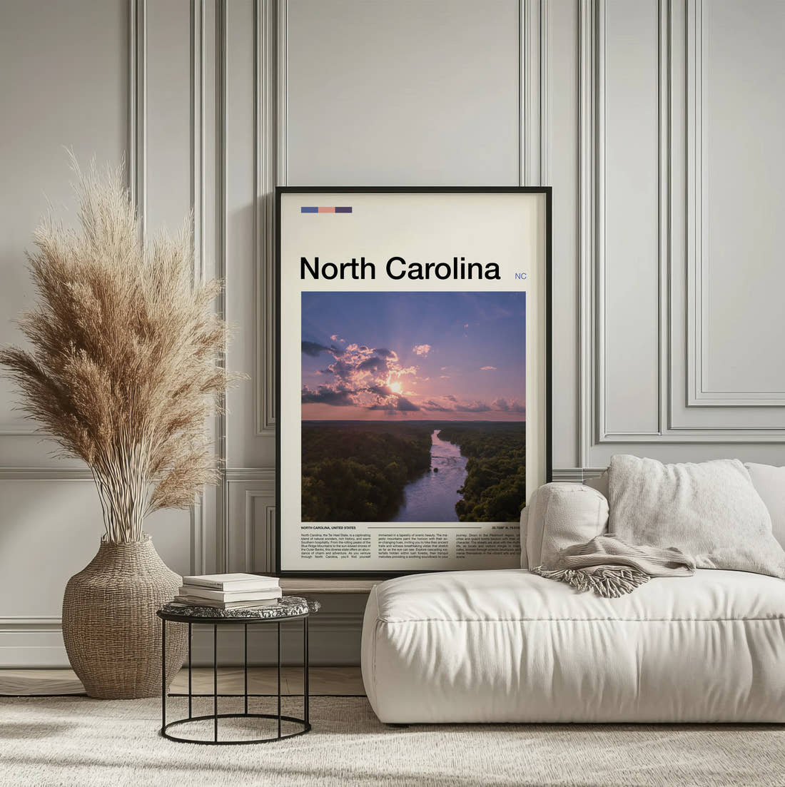 North Carolina River At Dusk Travel Print framed on the wall of a calm, neutral bedroom