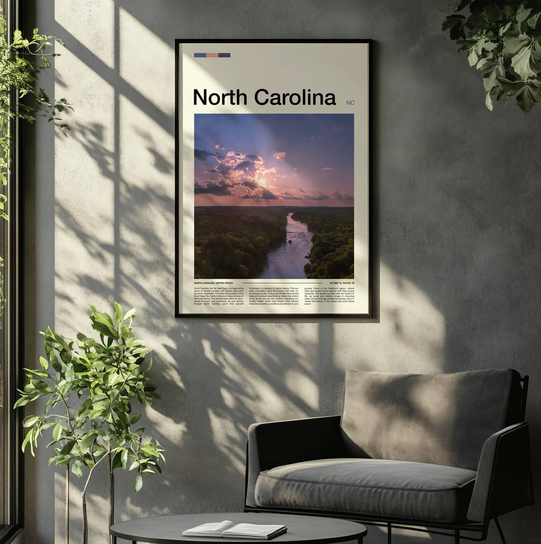 North Carolina River At Dusk Travel Print framed on the wall of a relaxed living room
