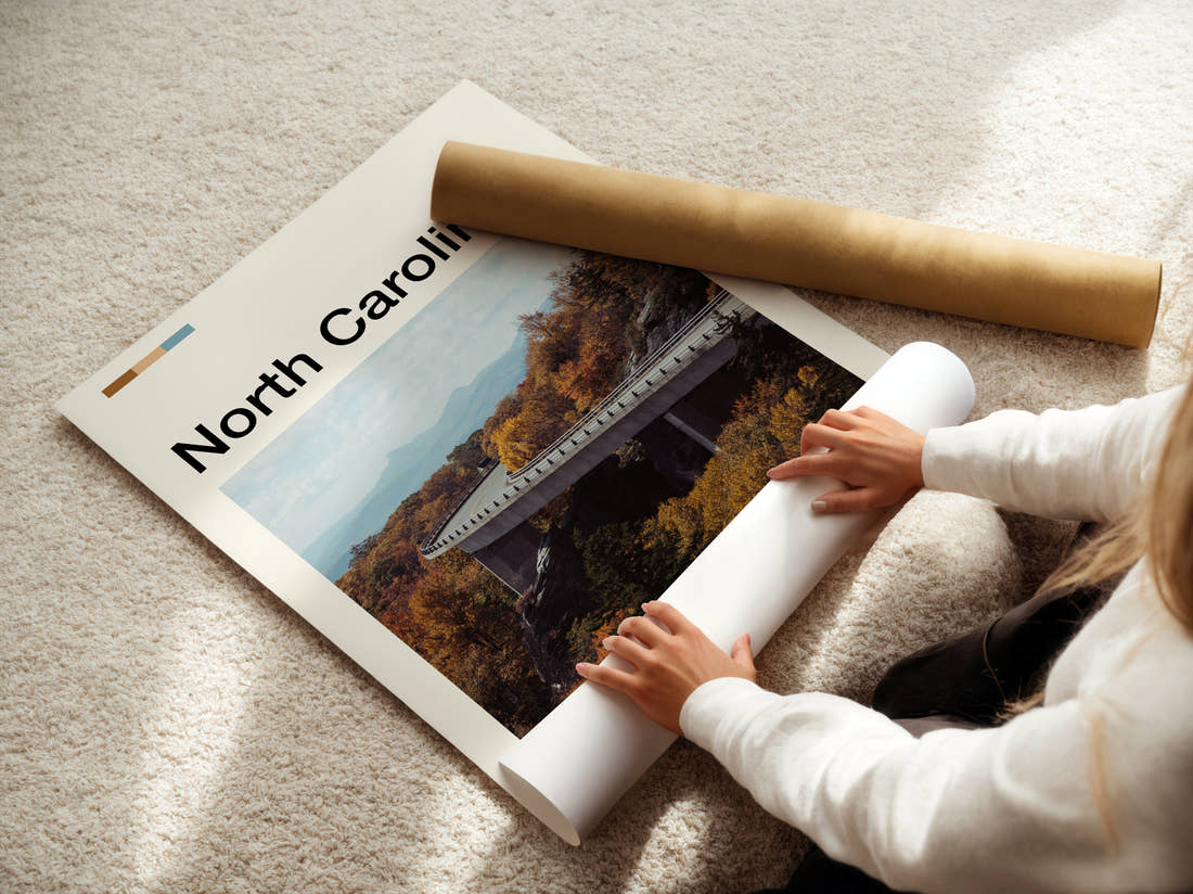 North Carolina Linn Cove Viaduct Travel Print being unrolled from its postal tube