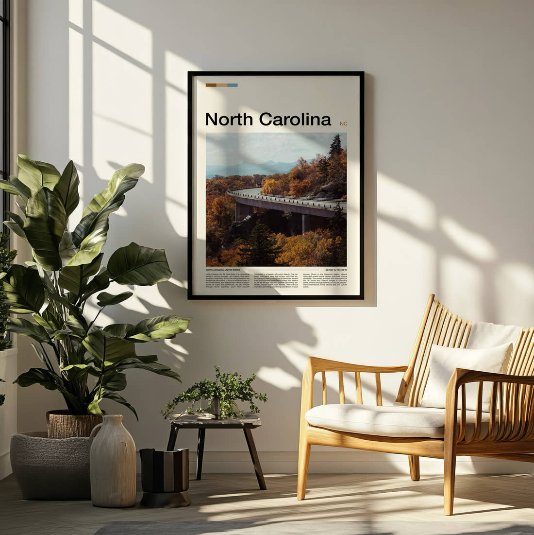 North Carolina Linn Cove Viaduct Travel Print framed on a pale wall beside houseplants
